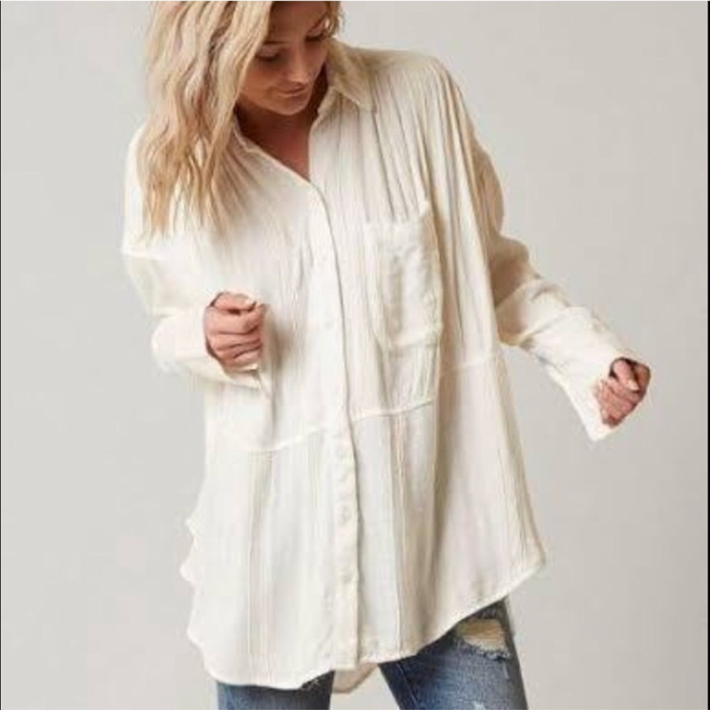 Free People Cozy Nights Button Down Shirt Ivory XS